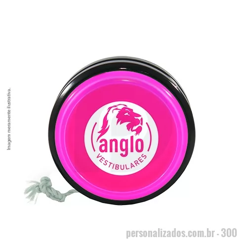 Ioiô personalizado - Io-iô PRÓ SPIN de alta performance base maciça em Plástico Premium (PS Cristal) fixada por ultrassom e laterais acopladas em Plástico Premium (PP), cordão duplo em algodão trançado.