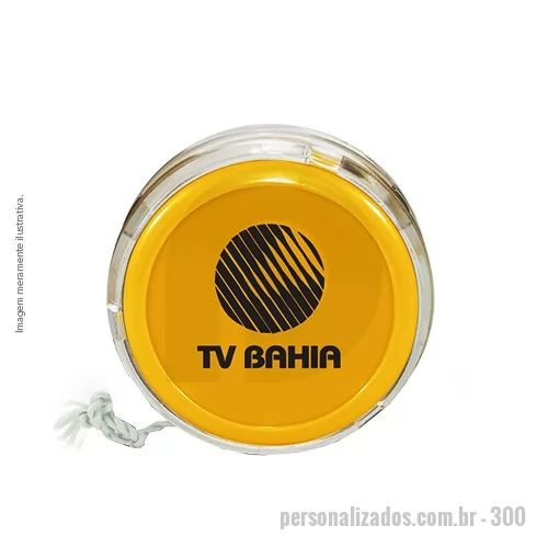 Ioiô personalizado - Io-iô PRÓ SPIN de alta performance base maciça em Plástico Premium (PS Cristal) fixada por ultrassom e laterais acopladas em Plástico Premium (PP), cordão duplo em algodão trançado.