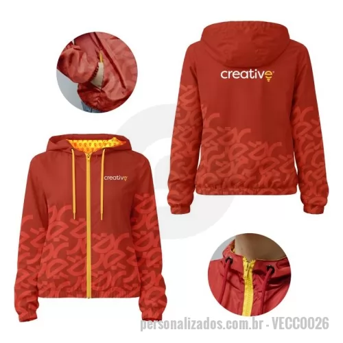 Jaqueta Corta-Vento personalizada - Jaqueta corta-vento em tecido Speed Tech com superfície sintética leve e de secagem rápida. Possui sublimação total para aplicação de arte externa e interna. Conta com dois bolsos laterais sem zíper, fechamento frontal por zíper tratorado, capuz (toca) com cordão redondo e acabamento com elástico nos punhos e barra.