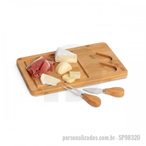 Kit acessórios para queijo ecológico personalizado - Tábua de queijos. Bambu e aço inox. Com 2 talheres. Incluso caixa de cartão