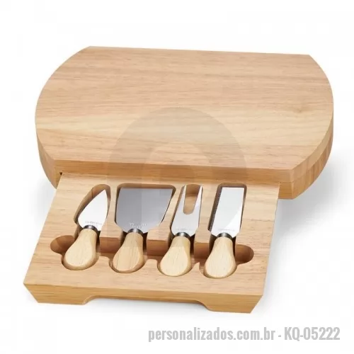 Kit acessórios para queijo ecológico personalizado - Kit queijo 5 peças, contém: tábua de bambu com gaveta para acomodação dos utensílios, faca com ponta, faca reta, garfo e espátula.