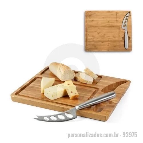 Kit acessórios para queijo personalizado - Tábua de queijos em bambu com faca incluída. Fornecida em caixa de papel kraft. 