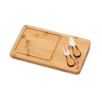 Tábua de queijos em bambu com 2 utensílios em bambu e aço inox. Fornecido em caixa em papel kraft reciclado.