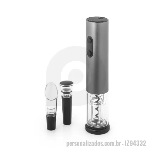 Kit acessórios para vinho personalizado - Conjunto de saca-rolhas elétrico em alumínio e acessórios: corta-cápsulas, rolha de vácuo e salva-gotas (pilhas inclusas). Fornecido em caixa presente. Saca-rolhas: 45 x 225 mm | Caixa: 241 x 90 x 54 mm