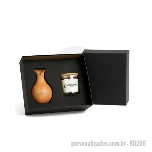 Kit aromático personalizado - Kit Personalizado em caixa de papel contendo umidificador elétrico com carregador USB, vela aromática com essências em pote de vidro.