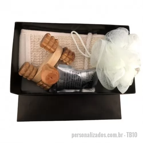Kit banho personalizado - KIT BANHO RELAX 1 ESPONJA DE BANHO 1 BUCHA 1 MASSAGEADOR DE MADEIRA 1 SACHE DE ESCALDA PÉS