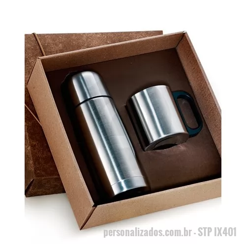 Kit bar personalizado - Composto por caixa de presente, garrafa térmica e caneca de aço inox, o kit bar personalizado conta com espaço nobre para impressão de logo personalizado, preço baixo e ótima aderência popular. Fabricado em material de alta qualidade, o kit bar perso