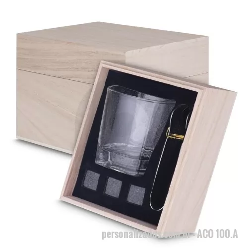 Kit bar personalizado - O Kit Drink inclui copo de vidro (200 ml), pegador de gelo em aço inox,  3 cubos de pedra-sabão reutilizáveis e caixa de madeira.