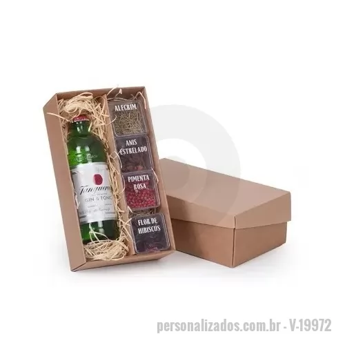 Kit bebidas personalizado - Kit Gin Personalizado contendo: 1 Gin & Tonic Tanqueray 275ml 0,011gr de Alecrim 0,009gr de Anis Estrelado 0,014gr de Pimenta Rosa 0,014gr de Flor de Hibiscus 1 Caixa kraft corte e vinco para presente 23.5x13x7cm / peso 0,730gr