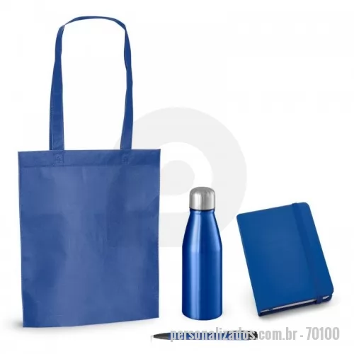 Kit Boas Vindas personalizado - Kit Onboarding (Kit boas vindas e Integração): Sacola TNT (Non-woven: 80 g/m²). Termo-selado. Alças de 55 cm. 270 x 350 mm. (92854). Caderno capa dura. C. sintético. Com 80 folhas não pautadas. 90 x 140 mm. (93425). Esferográfica. Alumínio. Acabamento emborrachado. 1,5km de escrita. ø10 x 137 mm. (51140). Squeeze. Alumínio. Tampa em aço inox. Capacidade: 500 ml. Ø67 x 255 mm. (94063).