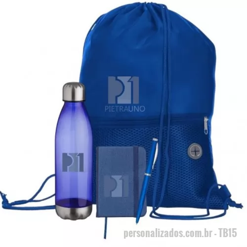 Kit Boas Vindas personalizado - 1 MOCHILA SACO 1 SQUEEZE 1 MOLESKINE 1 CANETA