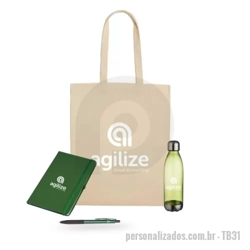 Kit Boas Vindas personalizado - 1 Sacola em algodão cru 1 Squeeze de Plástico com 700ml 1 Agenda 1 Caneta