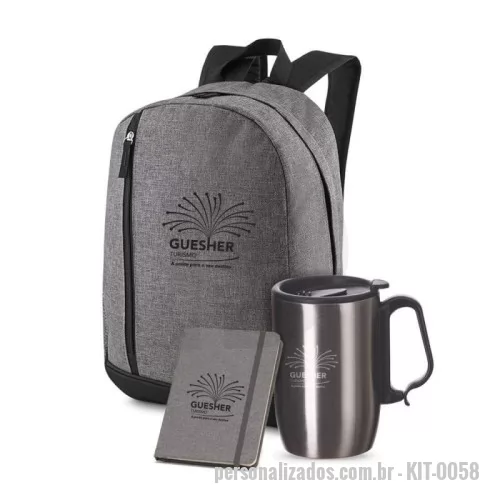Kit Boas Vindas personalizado - Kit Welcome Board, contém 1 caderno A5 com capa dura em RPET no tamanho de 14x21cm, 1 caneca em aço inox parede dupla 350ml e 1 mochila em poliéster tamanho: 40x28x14cm