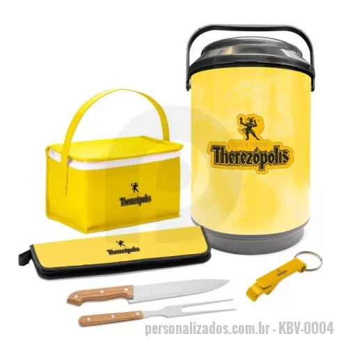 Kit Boas Vindas personalizado - Kit Boas vindas/Welcome Kit com 1 bolsa térmica capacidade até 3 litros + 1 chaveiro abridor pé de galinha + 1 kit churrasco 2 peças + mini cooler 8 latas