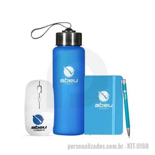Kit Boas Vindas personalizado - Kit boas vindas personalizado. Contém caderneta tipo moleskine emborrachado 8,8x14,1cm, squeeze PVC 680ml tampa rosqueável com detalhes em aço inox, caneta metálica 14x1,3cm, mouse wireless 2.4G. em ABS 5,7x11,3x2cm e caixa (sedex) 24x27x10cm , em cartão duplex com impressão chapada em preto, acoplado em micro ondulado. Berço 24x27x4cm.