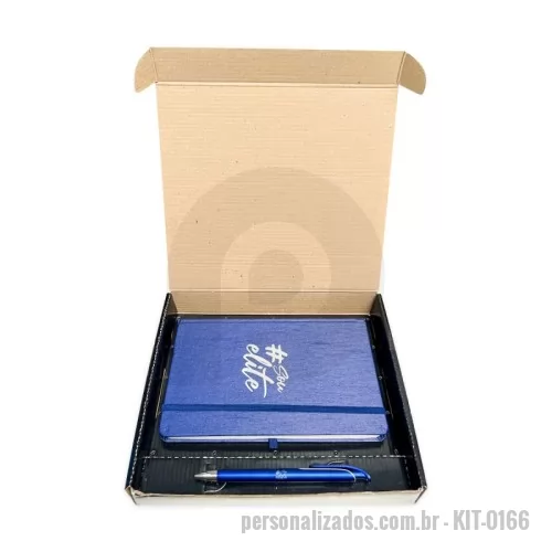 Kit Boas Vindas personalizado - Kit executivo de boas vindas personalizado. Contém caderneta com porta caneta 14,1x21,1cm, caneta plástica 14,6x1,4cm e caixa (sedex) 24x21x3,5cm, em cartão duplex com impressão chapada em preto, acoplado em micro ondulado. Berço 24x25x1,5cm.
