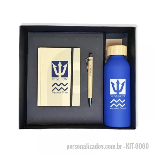 Kit Boas Vindas personalizado - Kit Boas Vindas Personalizado com 1 cadernetas 14x21 cm, miolo sem pauta e capa em kraft + 1 caneta de bambu com metal + 1 squeeze alumínio com acabamento emborrachado, tampa de bambu e capacidade de 550 ml + 1 caixa em cartão triplex, modelo tampa e fundo.