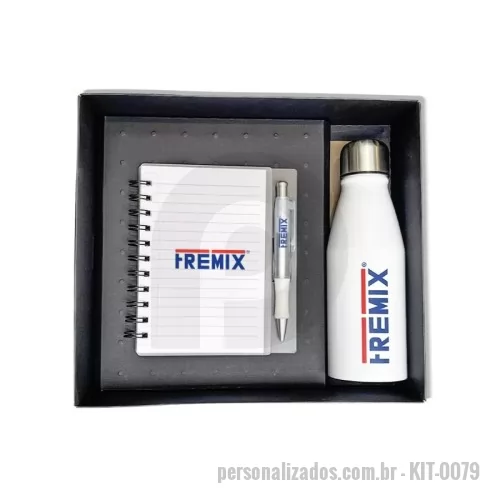 Kit Boas Vindas personalizado - Kit Boas Vindas Personalizado com 1 squeeze de 500 ml + 1 bloco no tamanho de 16,1x14,8 cm, miolo pautada, capa e caneta plástica + 1 caixa em cartão 300 gr, modelo tampa e fundo.