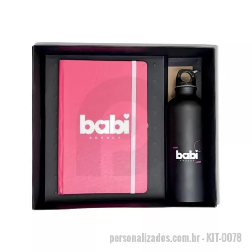 Kit Boas Vindas personalizado - Kit Boas Vindas Personalizado com 1 caderneta 14x21 cm (miolo sem pauta) + 1 squeeze de metal com capacidade de 500 ml + 1 caixa cartonada 300 gr no modelo de tampa e fundo.