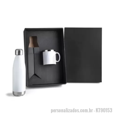 Kit Boas Vindas personalizado - Kit garrafa e caneca personalizadas. Conta com garrafa em aço inox branca com tampa rosqueável e capacidade total de 700ml e caneca de 300 ml em aço inox revestida em poliestireno branco. Acompanha embalagem para presente.