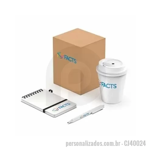 Kit Boas Vindas personalizado - Kit escritório, contendo: 1 Bloco de anotações 14,8x10,5cm; 1 Caneta plástica retrátil; 1 Copo plástico 350ml com tampa.