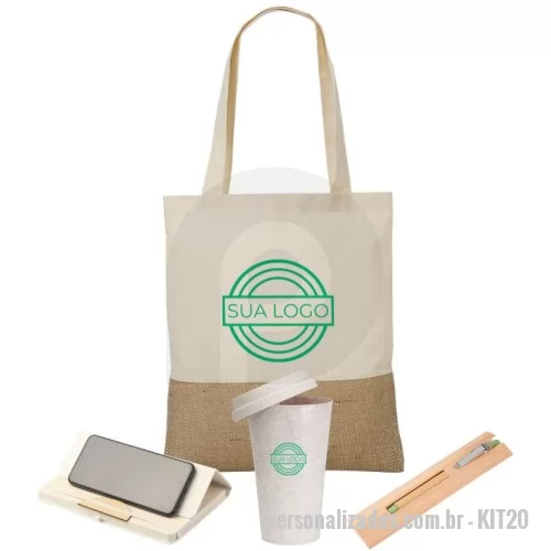 Kit Boas Vindas personalizado - Kit com copo fibra de arroz 550 ml, caneta corpo de bambu com detalhes em plástico e metal, caderno com suporte para smartphone e sacola ecológica de algodão e juta.