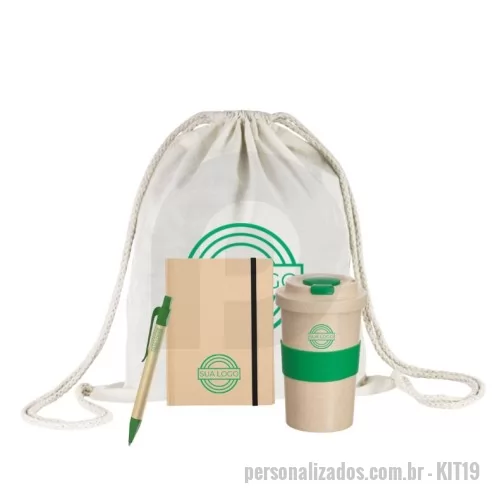 Kit Boas Vindas personalizado - Kit com mochila saco em algodão cru, bloco de anotações 18x15, caneta em papel reciclado e copo em fibra de bambu com tampa 450 ml.