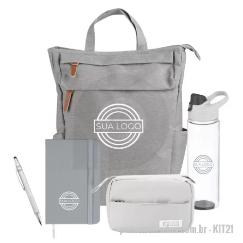 Kit Boas Vindas personalizado - Kit com caneta metal touch antiestresse, caderneta tipo moleskine, mochila multifuncional, necessaire com 3 compartimentos e garrafa plástica 700 ml.