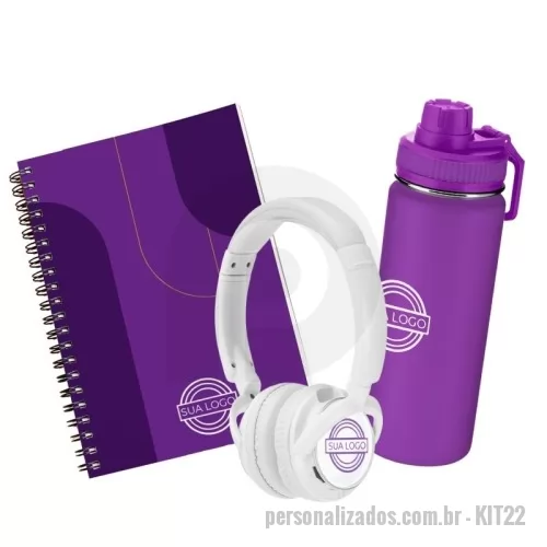 Kit Boas Vindas personalizado - Kit com Fone de Ouvido Bluetooth, Caderno Personalizado e Garrafa Térmica