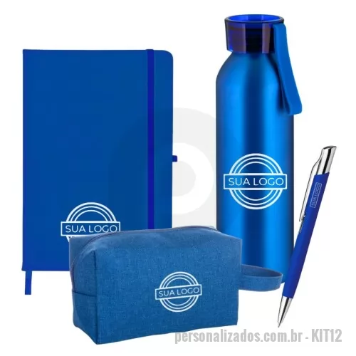 Kit Boas Vindas personalizado - Kit com: Caderneta Emborrachada 21,20 x 14 com porta caneta elástico em nylon, marcador de página em cetim e fita elástica de nylon para fechar; Garrafa em Alumínio reciclável de 600ml com tampa em plástico e alça emborrachada e Caneta Esferográfica em alumínio com acabamento emborrachado, clipe de meta e escrita em azul.