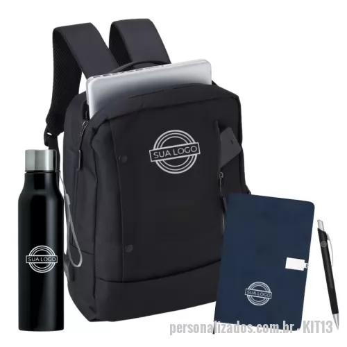 Kit Boas Vindas personalizado - Kit com Caneta metal quadrada, Bloco de anotações 21x14, Mochila de nylon 22 litros e Garrafa inox 1 litro