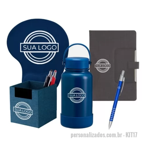 Kit Boas Vindas personalizado - Kit com Porta Objetos, Mouse Pad Ergonômico, Garrafa Térmica 700ml e Caderno de Anotações