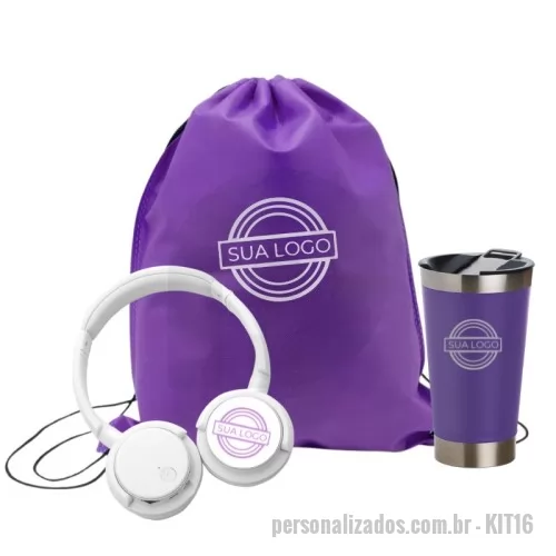 Kit Boas Vindas personalizado - Kit com Mochila Saco TNT, Copo Térmico com Abridor 500 ml e Fone de Ouvido Bluetooth