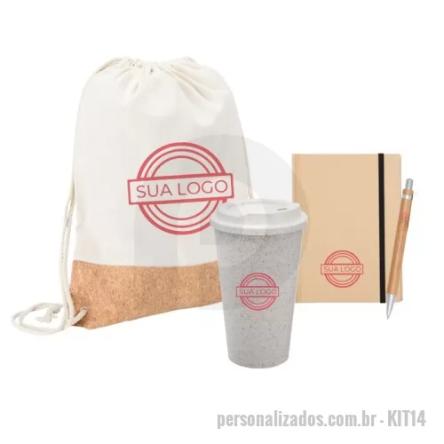 Kit Boas Vindas personalizado - Kit com Mochila Saco de Lona e Cortiça, Copo Fibra de Arroz 550 ml, Bloco 14x10 e Caneta Ecológica de Bambu