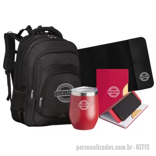 Kit Boas Vindas personalizado - Kit com Mochila em Nylon, Copo Inox, Desk Pad Carregador e Caderneta Suporte de Celular