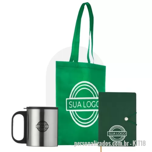 Kit Boas Vindas personalizado - Kit com Caneca Inox 180 ml, Sacola TNT com Alça, Caneta Metal e Caderno de Anotações