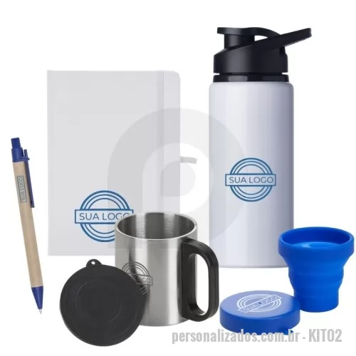 Kit Boas Vindas personalizado - Kit com caderneta emborrachada com porta caneta, copo retrátil silicone 150 ml, caneca inox com tampa 180 ml, caneta de papelão com detalhes plásticos, squeeze alumínio brilhante 600 ml e mochila saco em poliéster