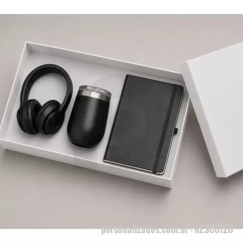 Kit Boas Vindas personalizado - Kit boas vindas com fone de ouvido, copo térmico e moleskine