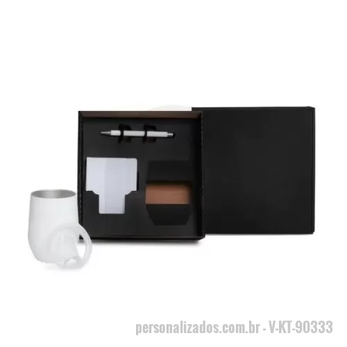 Kit Boas Vindas personalizado - Kit boas vindas Personalizado, Composto por copo térmico branco com tampa 340ml, confeccionado com dupla parede de inox, isolada a vácuo; caderno para anotações branco com capa dura e caneta esferográfica em alumínio branca.
