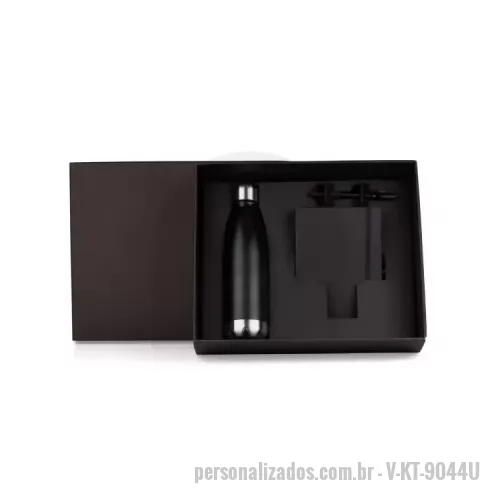 Kit Boas Vindas personalizado - Kit boas vindas Personalizado, composto por garrafa em aço Inox preta com tampa rosqueável; caderno para anotações preto com capa dura e caneta esferográfica em ABS preta.