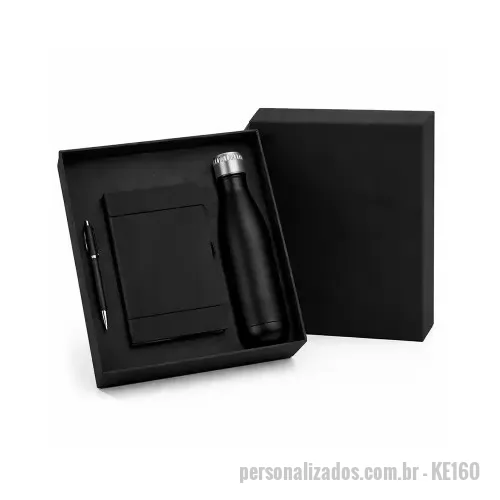 Kit Boas Vindas personalizado - Kit Boas Vindas Personalizado - KE160 - Kit escritório personalizado em caixa de papel, garrafa térmica de 550ml, caneta de metal e caderneta de 80fls. Personalização nos produtos e na tampa da caixa - 182344 - Kit Boas Vindas