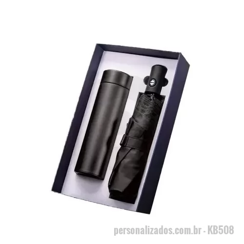 Kit Boas Vindas personalizado - Kit Boas Vindas Personalizado - KB508 - Kit em caixa de papel, garrafa térmica com LED de 500ml e sombrinha automática. - 182347 - Kit Boas Vindas