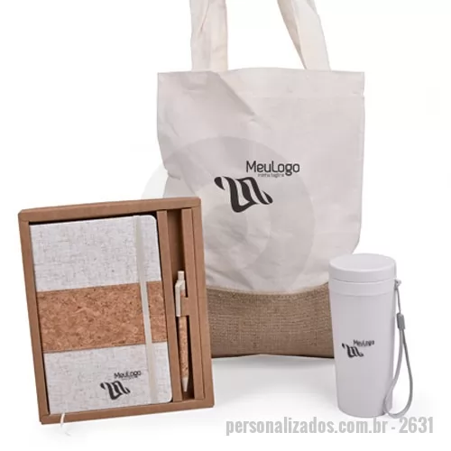 Kit Boas Vindas personalizado - Kit composto por 1 sacola ecológica em algodão e juta, 1 copo de fibra de bambú de 350 mL , 1 caderneta em linho com detalhe em cortiça, 1 caneta de cortiça. A personalização é em silkscreen 1 cor na sacola, no copo, na caderneta e na caneta.