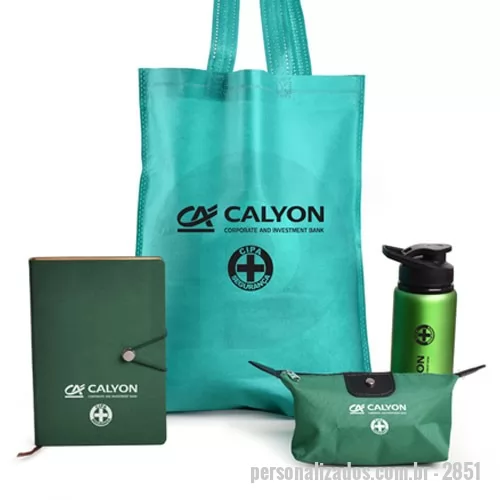 Kit Boas Vindas personalizado - Kit composto por 1 Sacola de TNT formato 38 x 41 cm mais a altura da alça, 1 necessaire com zíper central formato 19 x 11 cm, 1 Caderneta com fecho de pino metálico, miolo pautado em papel creme formato 14,8 x 21 cm e 1 Garrafa metálica com capacidade de 650 mL. A personalização nos produtos é em silkscreen 1 cor.