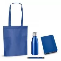 Kit Onboarding (Kit boas vindas e Integração): Sacola TNT (Non-woven: 80 g/m²). Termo-selado. Alças de 55 cm. 270 x 350 mm. (92854). Caderno capa dura. C. sintético. Com 80 folhas não pautadas. 90 x 140 mm. (93425). Esferográfica. Alumínio. Acabamento emborrachado. 1,5km de escrita. ø10 x 137 mm. (51140). Squeeze. Alumínio. Tampa em aço inox. Capacidade: 500 ml. Ø67 x 255 mm. (94063).