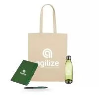 1 Sacola em algodão cru 1 Squeeze de Plástico com 700ml 1 Agenda 1 Caneta