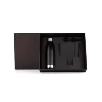 Kit boas vindas Personalizado, composto por garrafa em aço Inox preta com tampa rosqueável; caderno para anotações preto com capa dura e caneta esferográfica em ABS preta.