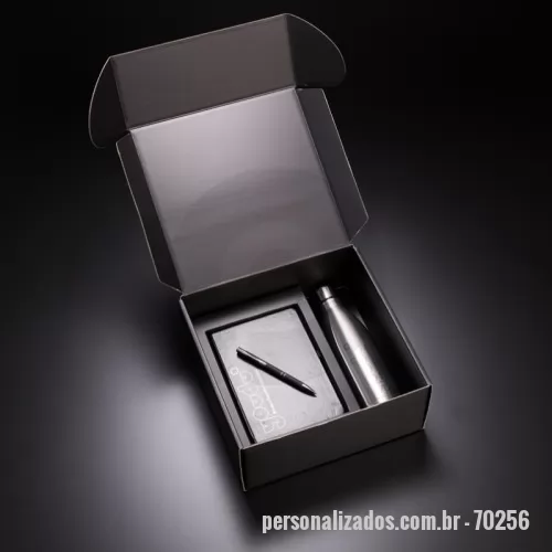 Kit cadernos personalizado - Kit executivo com caderno de anotações A5, caneta esferográfica em alumínio e squeeze em aço inox com capacidade 750ml (diversas cores).