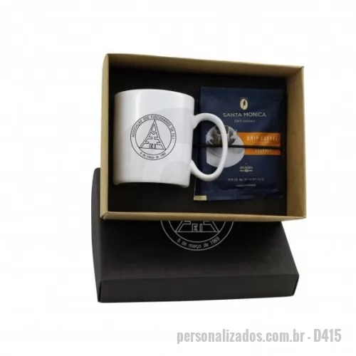 Kit café personalizado - Kit café Personalizado - D415 - Kit Café personalizado em caixa de papel, 1 Caneca de porcelana 270ml e 2 Saches DRIP COFFEE gourmet Santa Monica 10g. Gravação na caneca e tampa da caixa. - 149012 - Kit café
