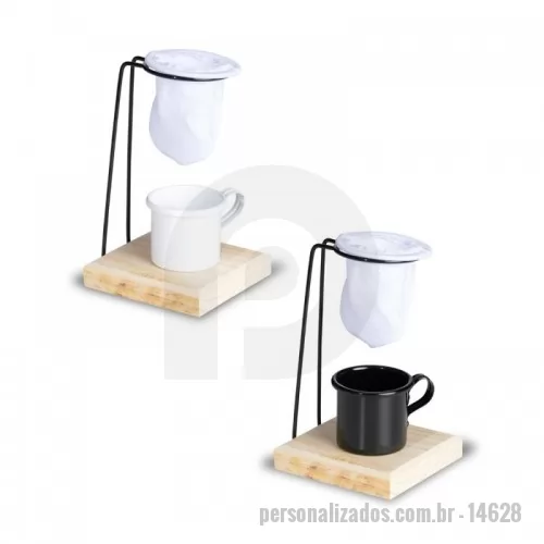 Kit café personalizado - Kit Café 3 Peças contém: xícara de café em metal, base de madeira com suporte para coador, e mini coador de café em tecido.